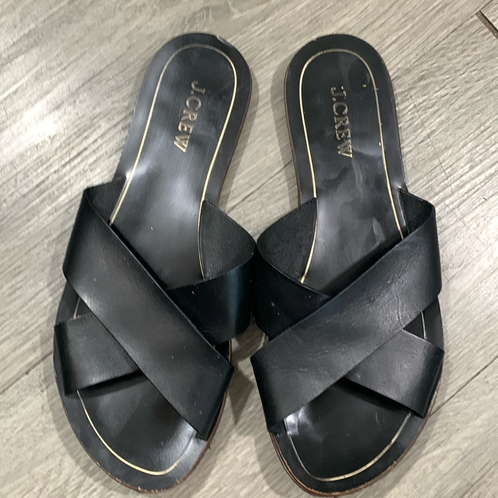 J. Crew Cyprus Black Leather Criss Cross Slip-On Flat Sandals size 8‎